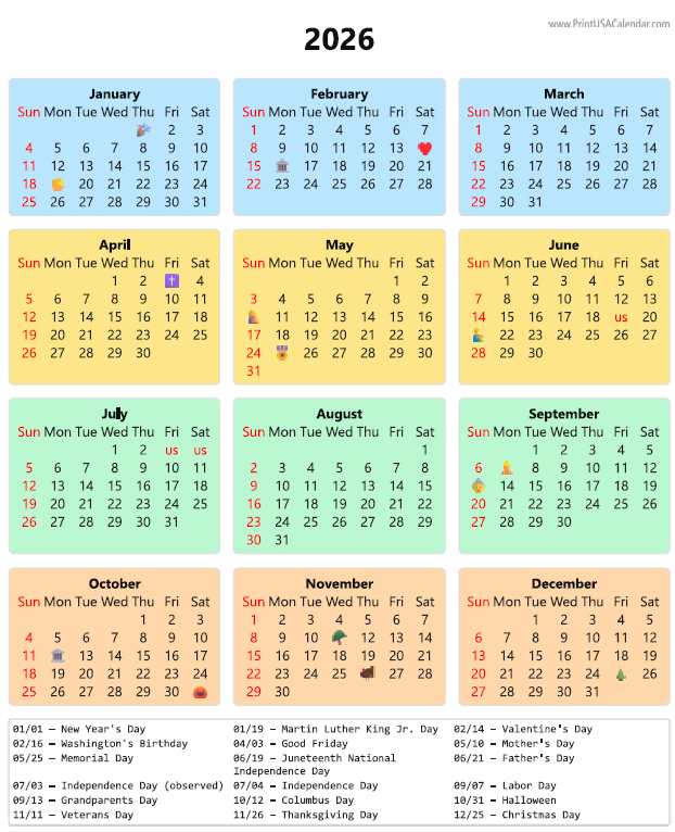 Colorful Free Printable 2026 US Calendar (Single-Page A4 PDF)
