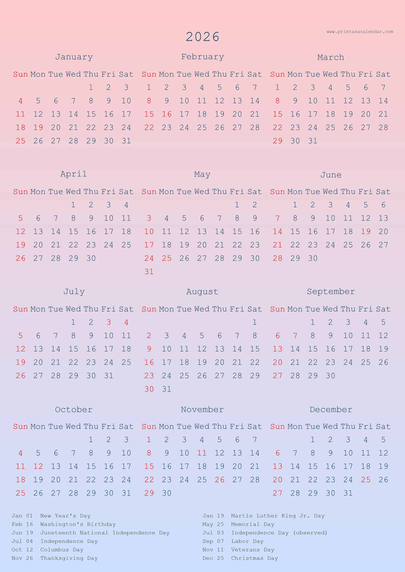 Printable 2026 US Calendars with holiday (PNG)