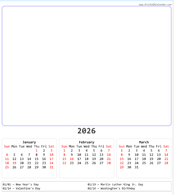 2026 Multi-Page US Calendar with Photo & Drawing Space