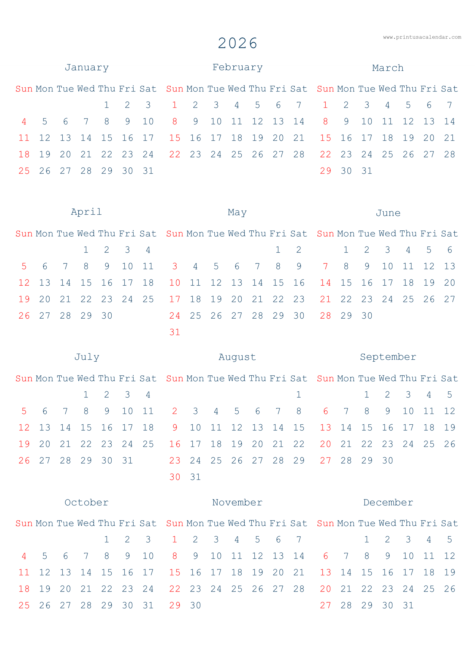 Simple Printable 2026 US Calendars (PNG)