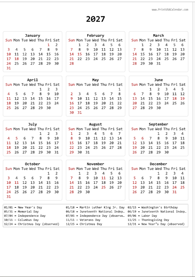 Classic Free Printable 2027 US Calendar (Single-Page A4 PDFs)