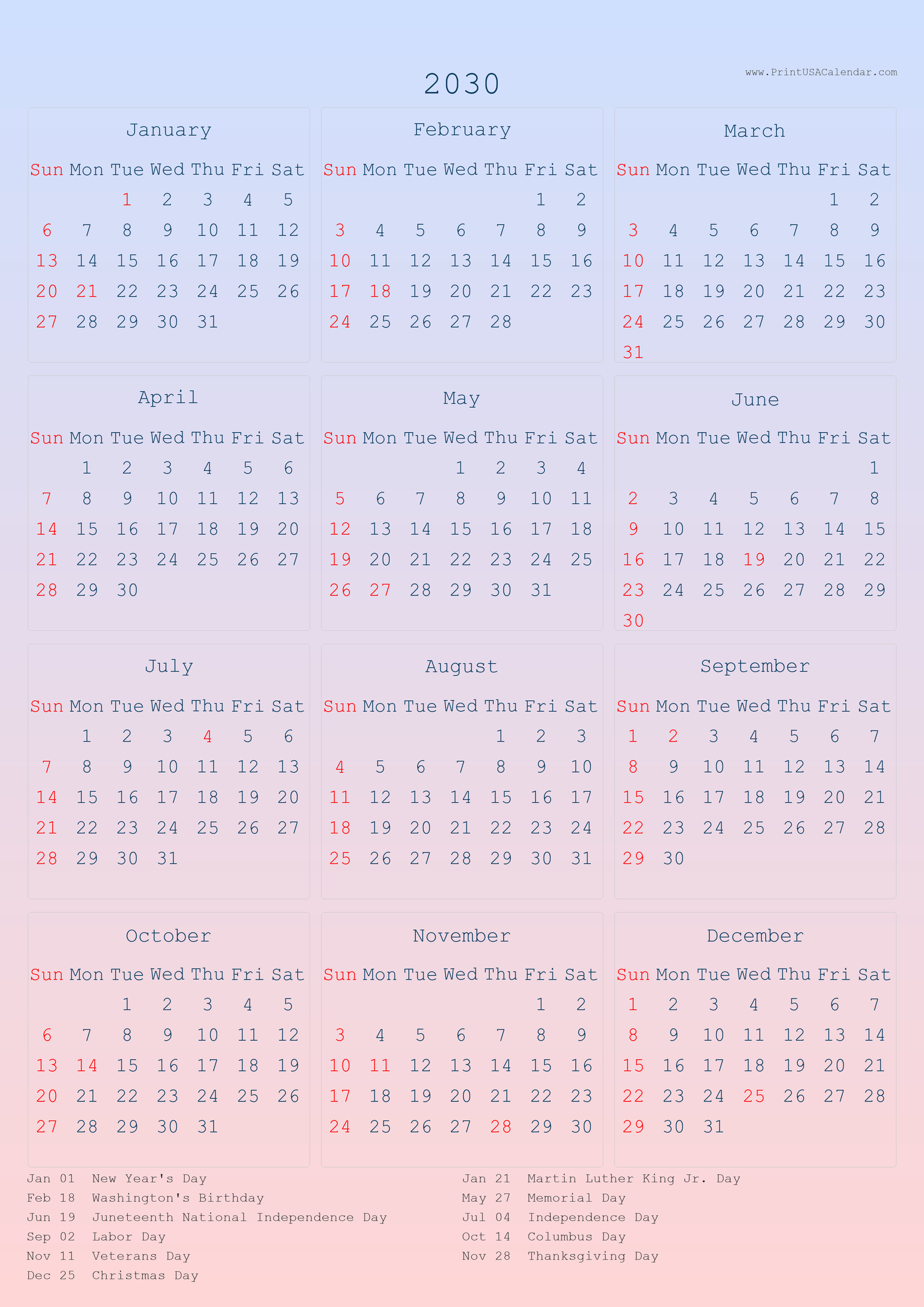 Printable 2030 US Calendars with holiday (PNG)